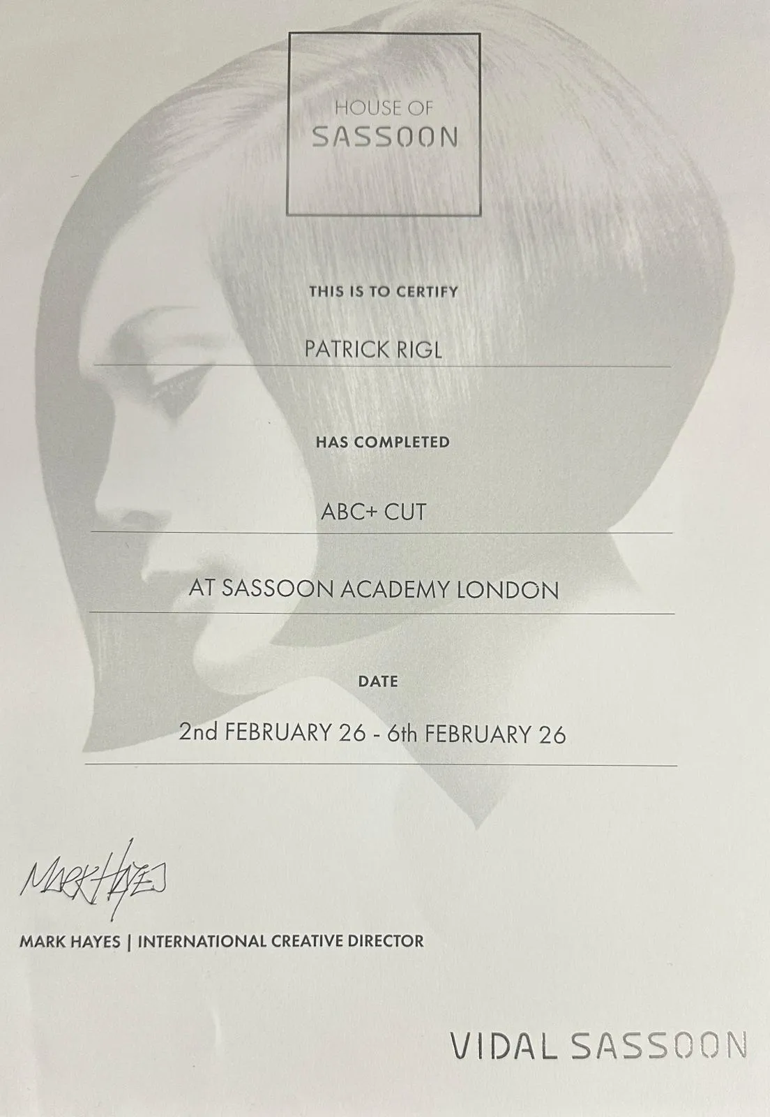 Certifikát Sassoon Academy London, ABC+ Cut, únor 2026